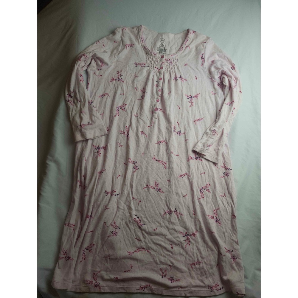 Simply Basic Pink Floral Smocked Henley Nightgown Long Sleeve XL 16-18 Sleepwear